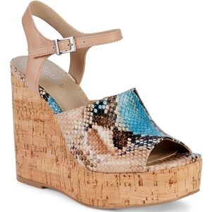 Charles David Dory Snakeskin Embossed Leather Wedge Sandal Turquoise Natural 7.5